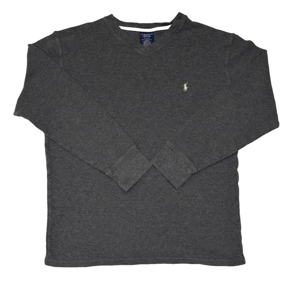 Polo Ralph Lauren Large L Gray V-Neck Long Sleeved Shirt Waffle Thermal Pullover